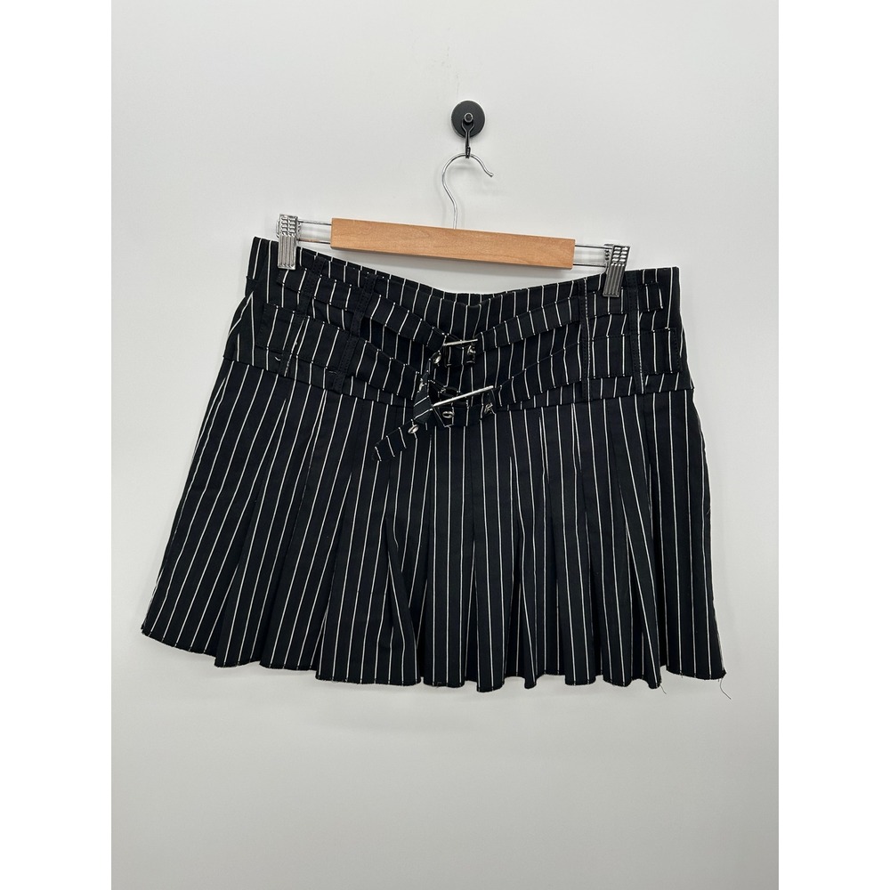 Y2K Black Pinstripe Pleated Mini Skirt Buckle Strap Punk Grunge Goth Festival - Picture 3 of 8